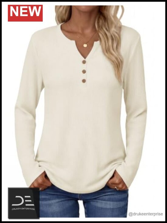 Tops - Women's Long Sleeve Waffle Knit V Neck Tunic Tops